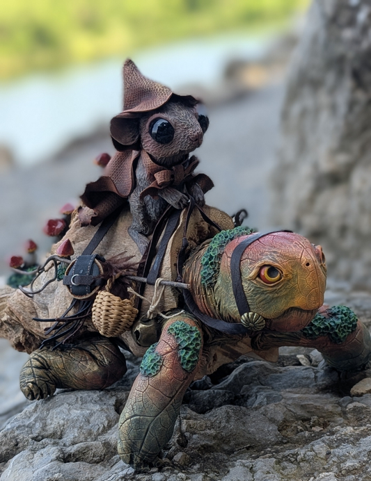 One of a kind driftwood turtle sculpture with mouse