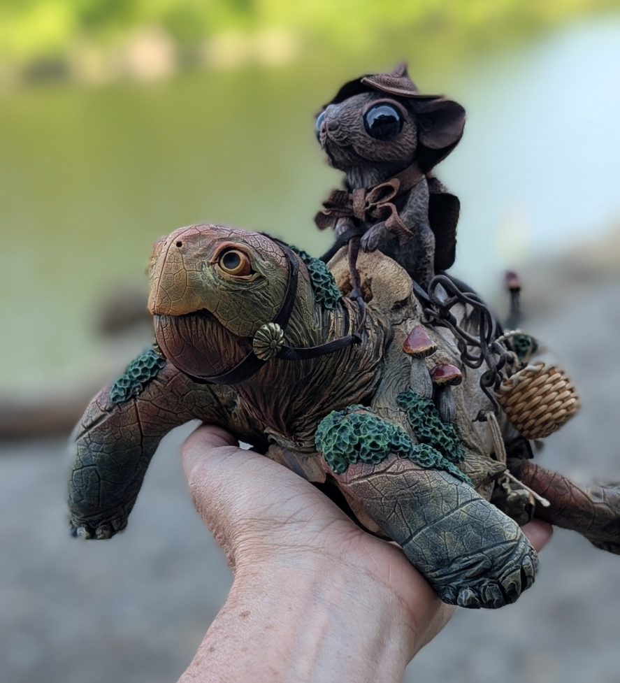 One of a kind driftwood turtle sculpture with mouse