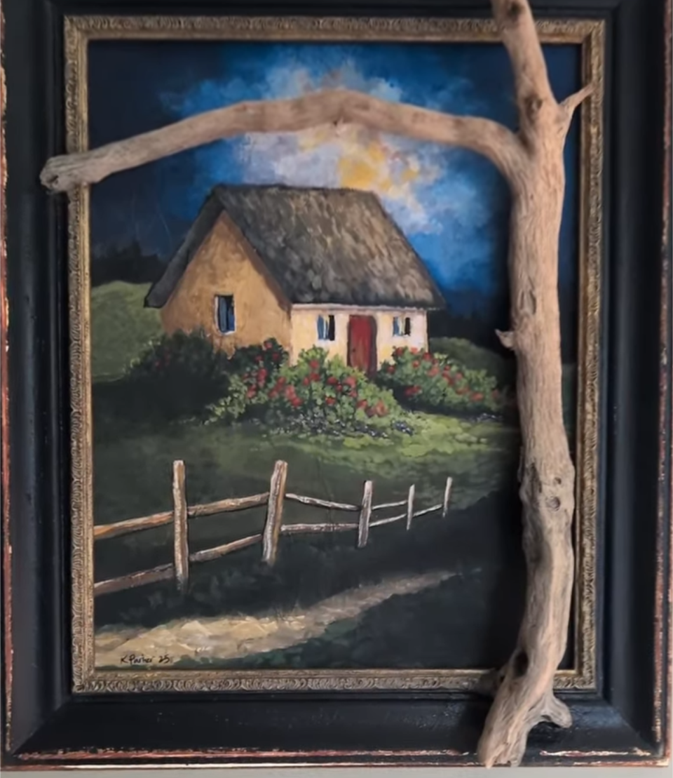 Vintage style frame with cottage painting