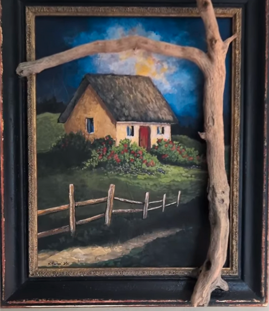 Vintage style frame with cottage painting
