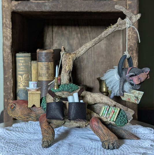 One of a kind driftwood turtle sculpture with mouse